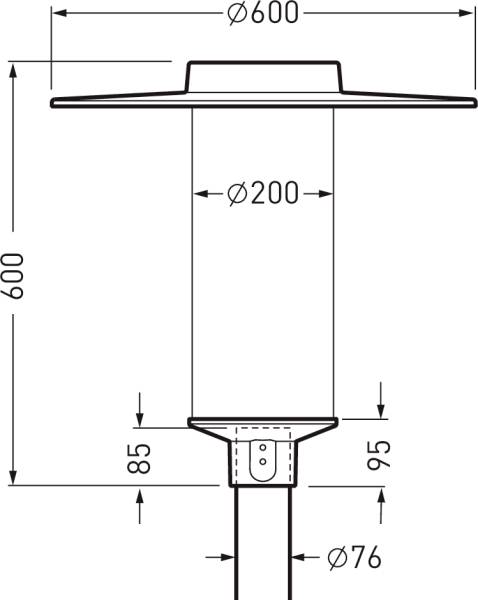 Technische Zeichnung einer Leuchte. Die Gesamthöhe beträgt 600 mm, der Durchmesser oben 600 mm und in der Mitte 200 mm.