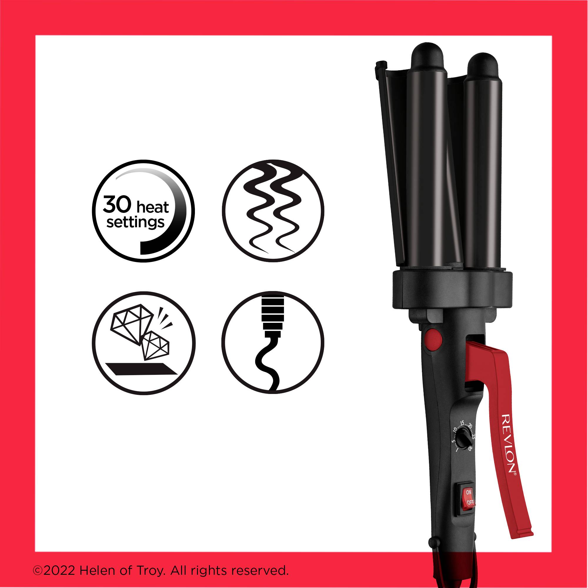 Das Bild zeigt einen Revlon-Lockenstab mit dreifachem Zylinder. Symbole zeigen 30 Hitzestufen, Lockenmuster und eine drehbare Schnur.