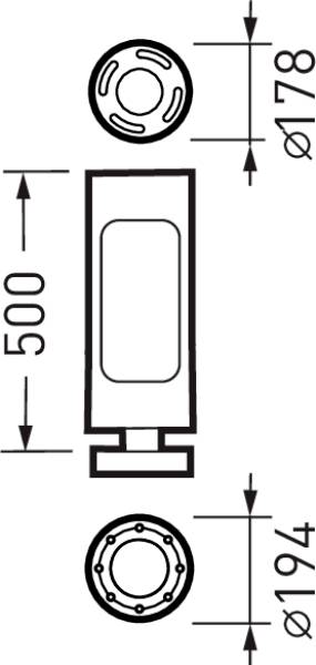 Technische Zeichnung einer Halterung mit Maßen: Höhe 500 mm, obere Öffnung Durchmesser 78 mm, untere Öffnung Durchmesser 194 mm.