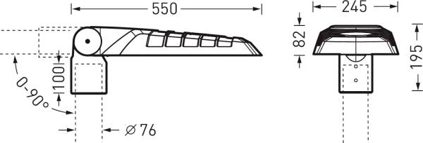 'Technische Zeichnung eines Hebearms. Links: Hebarm in horizontaler Position mit Winkelangaben; Rechts: Seitenansicht mit Maßen 245x82x195 mm.'