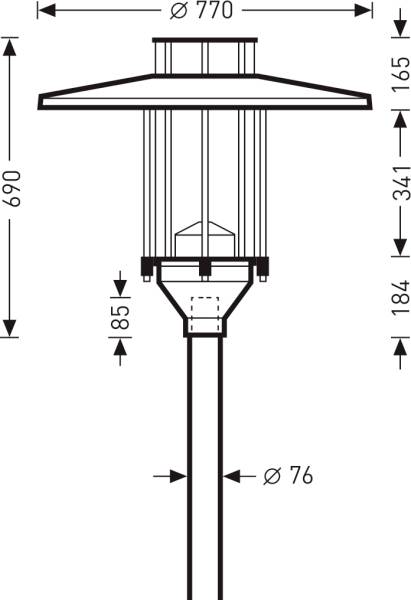 Technische Zeichnung einer Straßenlaterne mit Maßen: Gesamthöhe 690 mm, Durchmesser des Schirms 770 mm, Durchmesser der Stange 76 mm.