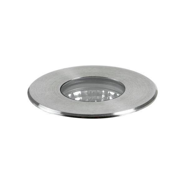 Ein runder, verchromter LED-Deckeneinbaustrahler mit klarem Glas in der Mitte, geeignet für moderne Innenraumausstattung.