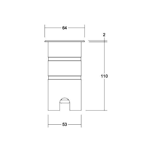 Technische Zeichnung eines zylindrischen Gegenstands mit Maßen: Breite 64 mm, Höhe 110 mm, Basisbreite 53 mm.