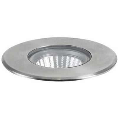Rundes, silbernes LED-Downlight mit geriffeltem Innenbereich und klarem Abdeckglas, geeignet für Deckenmontage.