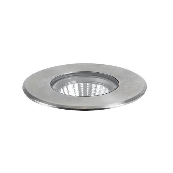 Runde, silberne LED-Deckenleuchte in einem modernen Design, mit einem zentral platzierten Leuchtelement. Ideal für Innenräume.