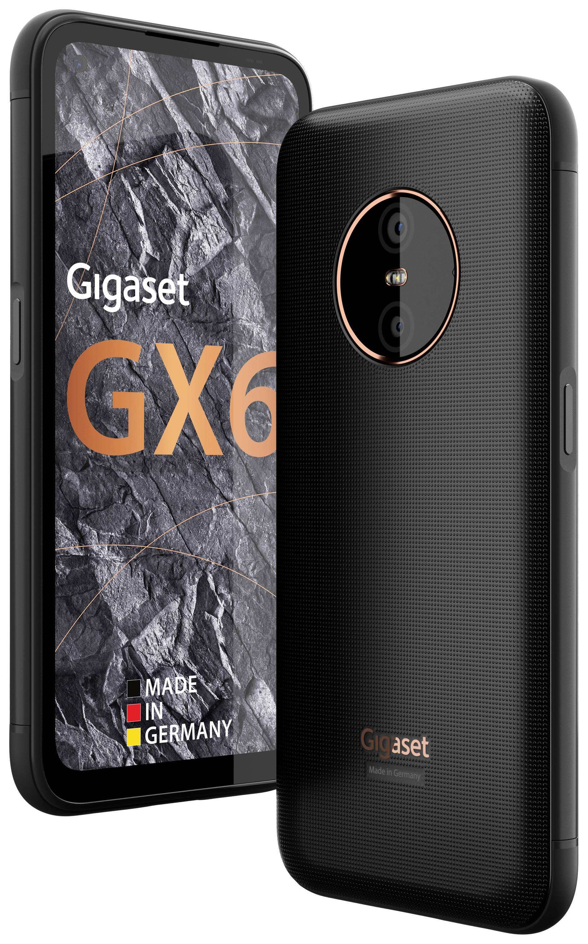 Ein schwarzes Smartphone mit einer ovalen Kamera auf der Rückseite und einem Display, das "Gigaset GX6" zeigt.