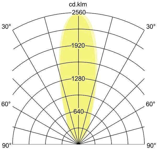 Polarkoordinatendiagramm eines Lichtstrahls. Die Intensität beträgt maximal 2560 cd. Der Lichtkegel reicht von 0° bis etwa 50°.