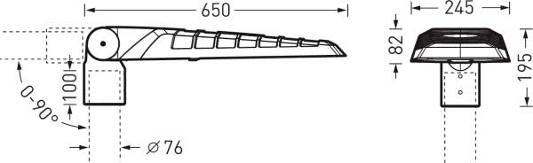 Technische Zeichnung eines Straßenschilds mit Abmessungen: Länge 650 mm, Höhe 195 mm, Breite 245 mm. Verstellbarer Neigungswinkel 0-90 Grad. Rayon 76 mm.