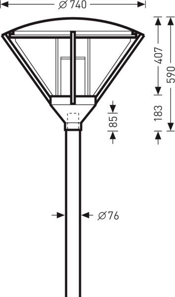 Straßenlaternen-Design mit Maßen: Gesamthöhe 851 mm, Breite der Leuchte 740 mm, Stangenbreite 76 mm, Leuchtenhöhe 590 mm.
