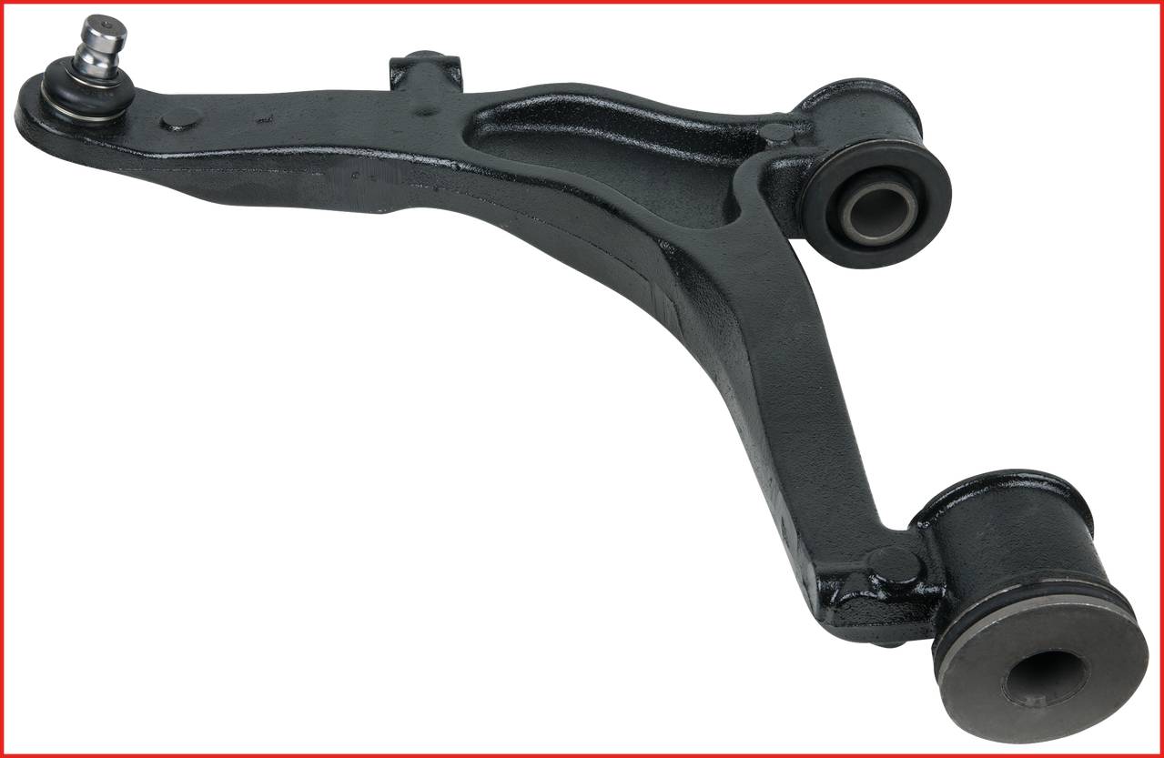 'Ein schwarzer Querlenker aus Metall, Teil eines Fahrwerks; wichtig zur Stabilisierung und Lenkung eines Fahrzeugs.'