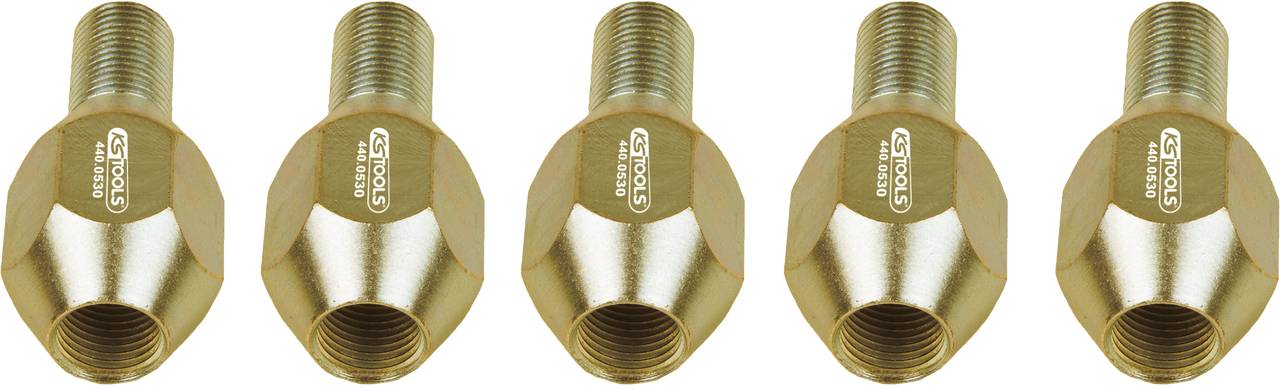 Fünf metallische Schraubadapter in einer Reihe, geeignet zum Verbinden von Rohren oder Schläuchen in Maschinenbauanwendungen.