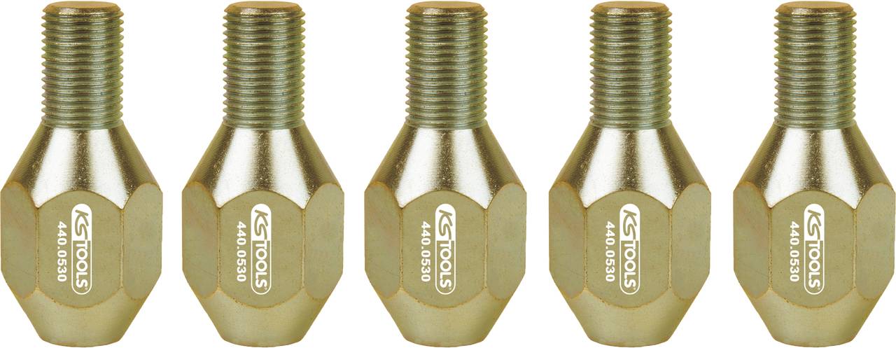 Fünf goldfarbene, verschraubbare Adapter mit der Aufschrift 'KS TOOLS', aus Metall gefertigt, gleichmäßig nebeneinander angeordnet.