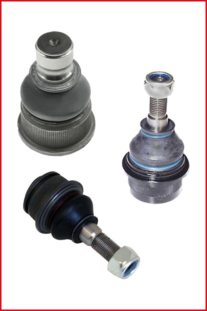 'Drei Kugelgelenke mit Metall- und Gummikomponenten vor weißem Hintergrund. Jedes Gelenk hat einen unterschiedlichen Aufbau und Mechanismus.'