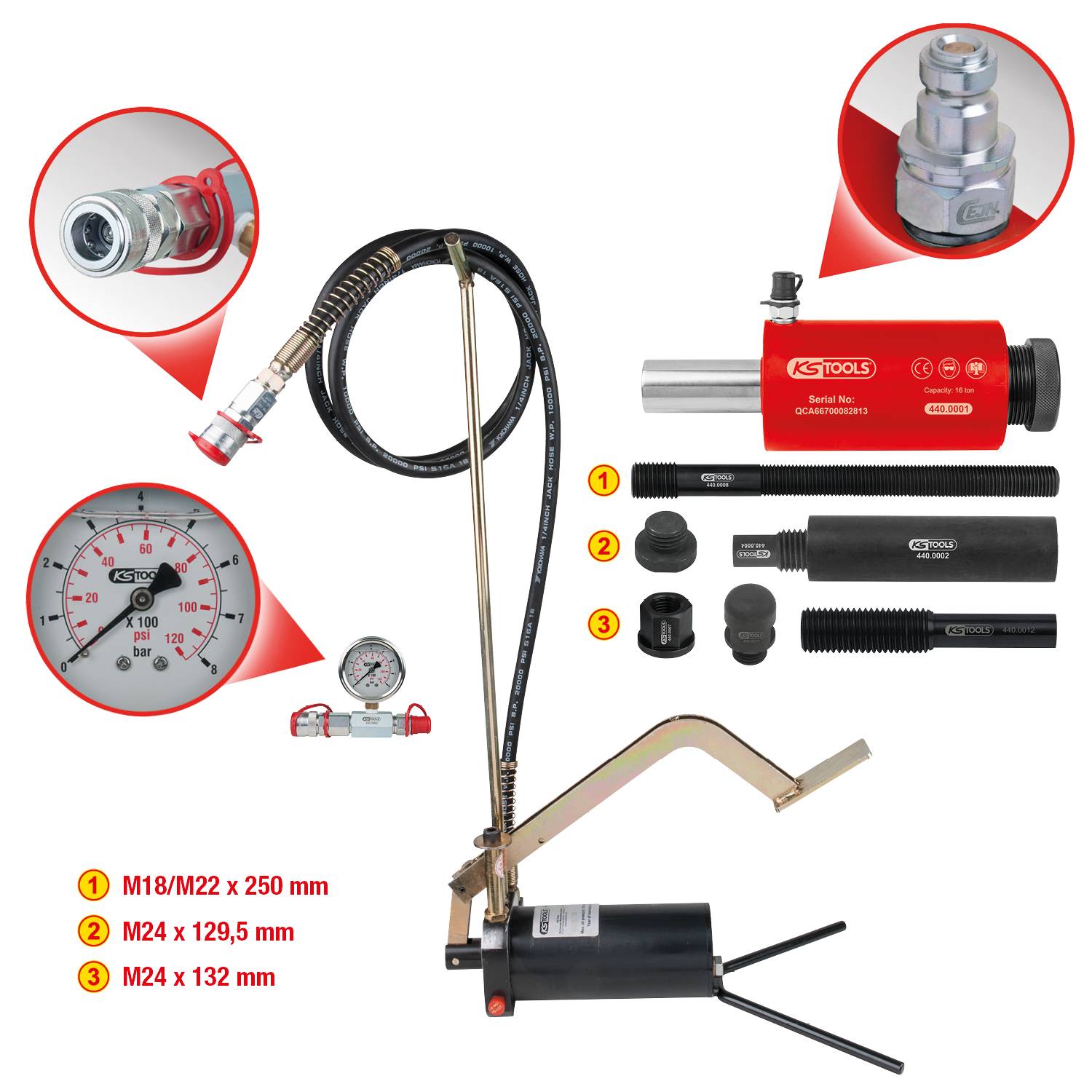 Hydraulische Version eines Bremssattel-Rücksetzwerkzeugs dargestellt, mit verschiedenen Aufsätzen in unterschiedlichen Größen.