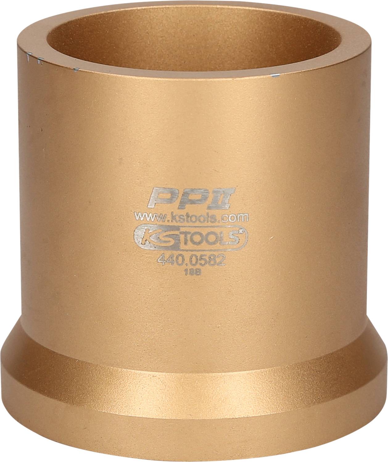 Goldfarbenes Werkzeugteil mit Aufschrift 'PPF KS Tools 440.0582'. Zylindrische Form mit breitem Sockel. Verwendet für mechanische Anwendungen.