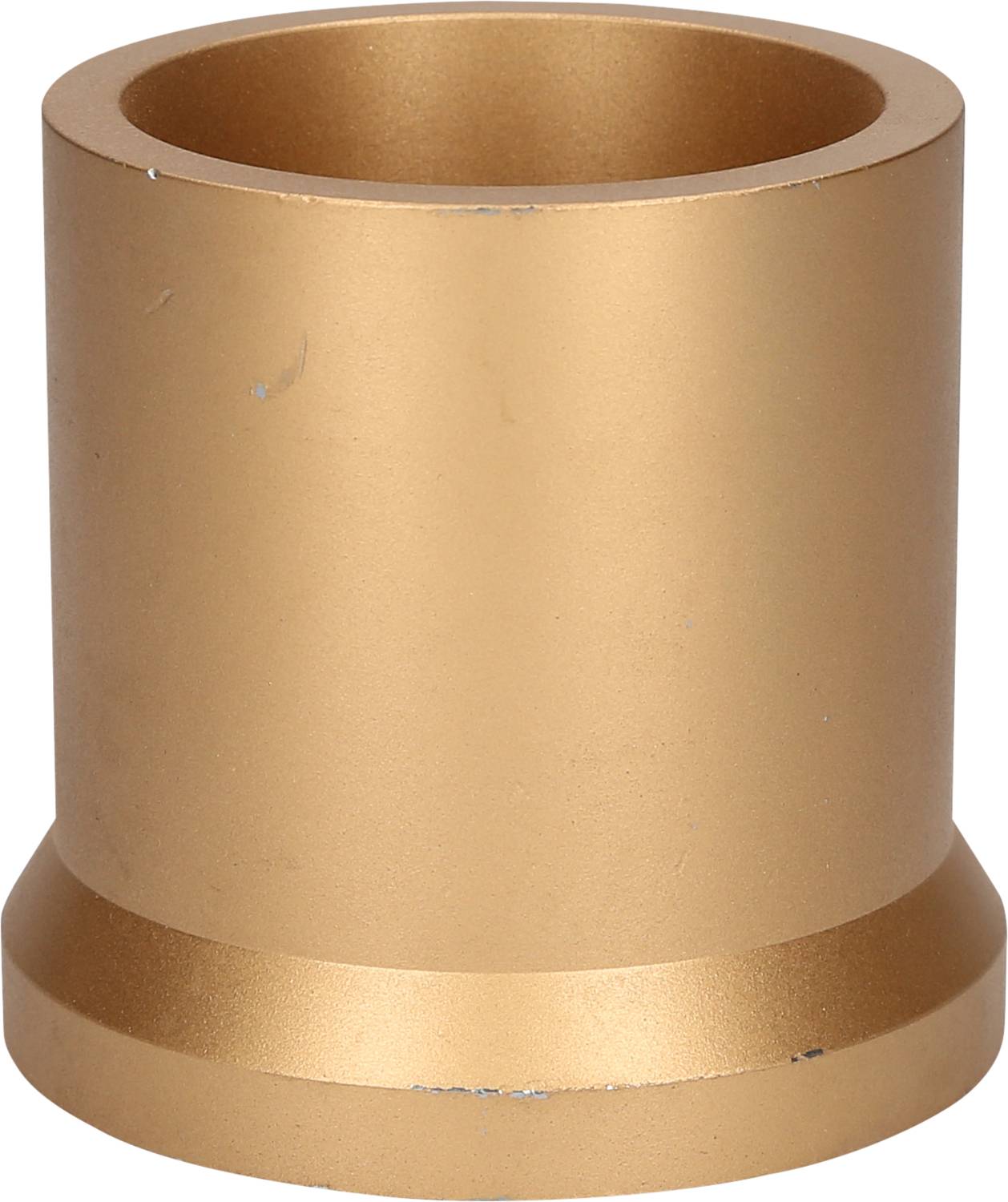 Ein metallener, zylindrischer goldener Halter mit einem breiten Rand an der Basis, steht aufrecht.