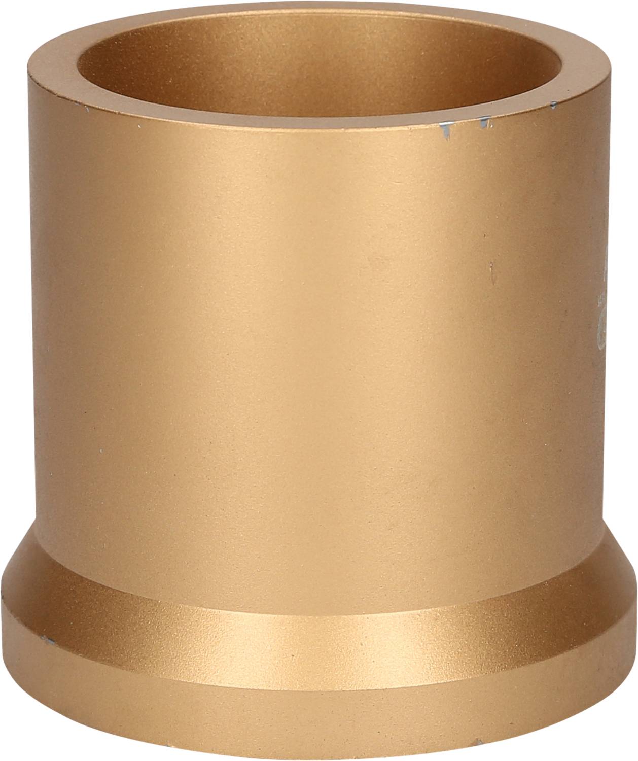 Ein bronzefarbener, zylindrischer Metallbecher mit glatter Oberfläche und breitem Rand auf einer weißen Hintergrundfläche.