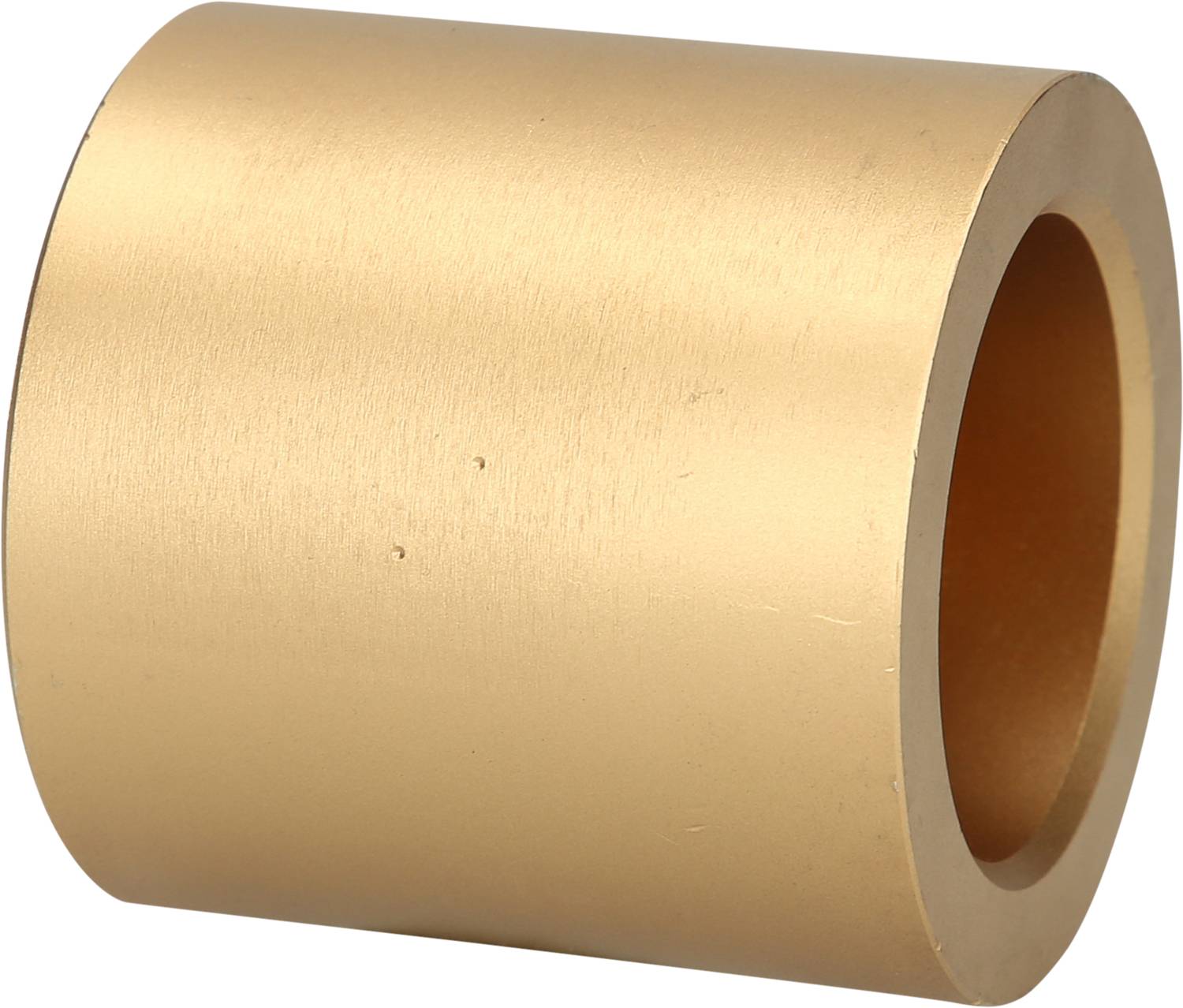 Metallische Buchse, zylindrische Form, goldene Farbe, glatte Oberfläche. Verwendet zur Unterstützung oder Führung von rotierenden Achsen.