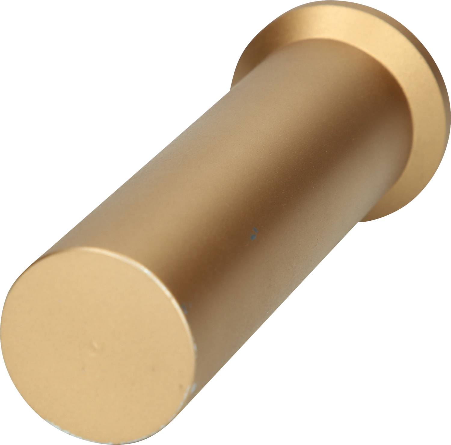 Ein zylinderförmiges, goldenes Objekt aus Metall mit einer flachen Oberseite.