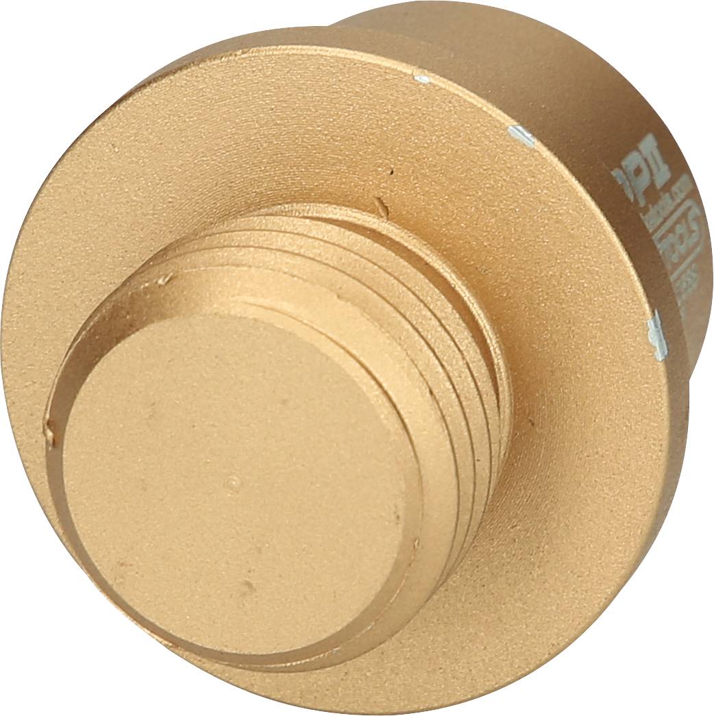 Ein goldfarbener, zylindrischer Metallstecker mit Gewinde und flacher Stirnfläche.