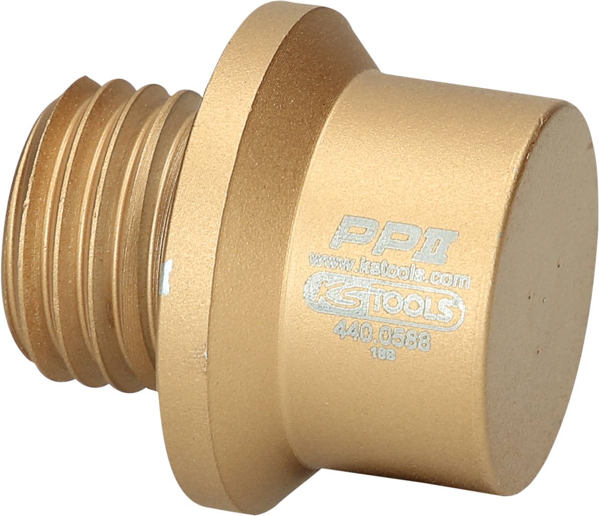 Ein bronzefarbener Adapter mit Gewinde und flachem Ende, beschriftet mit 'PPO' und 'KS TOOLS 440.0588'.