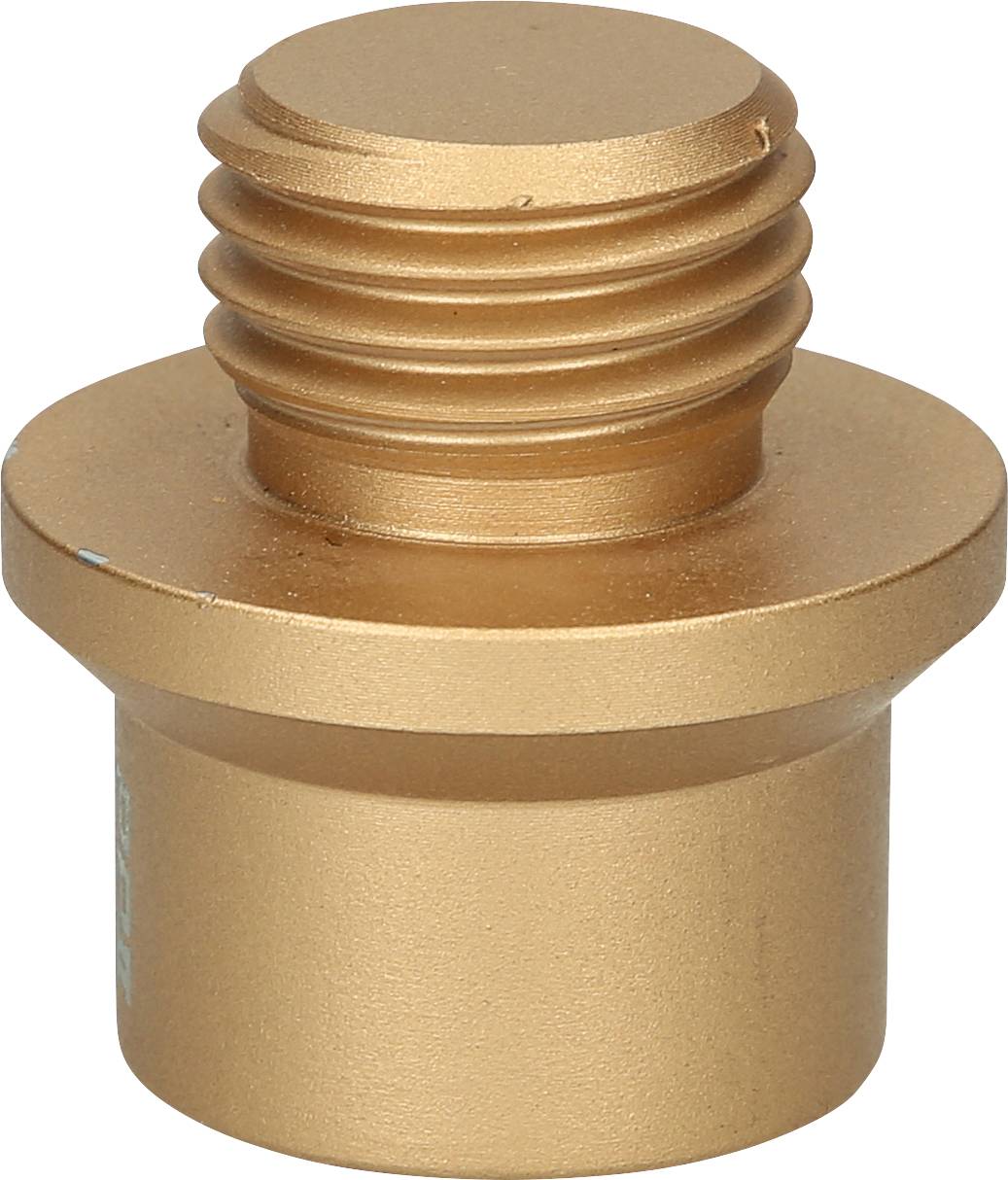 Eine goldene, zylindrische Metallkomponente mit Schraubgewinde, vermutlich ein Adapter oder Verbindungsstück.