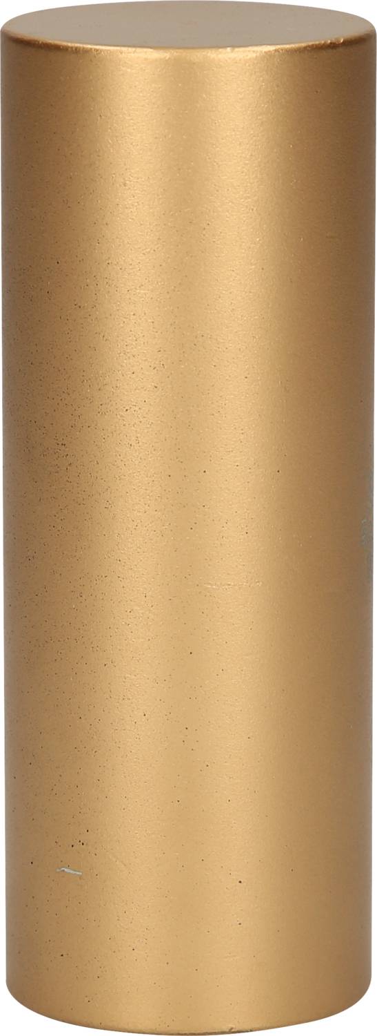 Ein zylindrischer goldener Metallbehälter, möglicherweise eine Hülse oder Verpackung für ein kosmetisches Produkt.