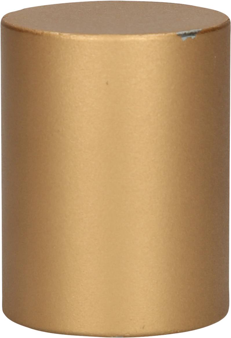 Eine goldene zylindrische Kappe, die wahrscheinlich als Verschluss für ein Produkt wie einen Lippenstift oder einen Behälter dient.