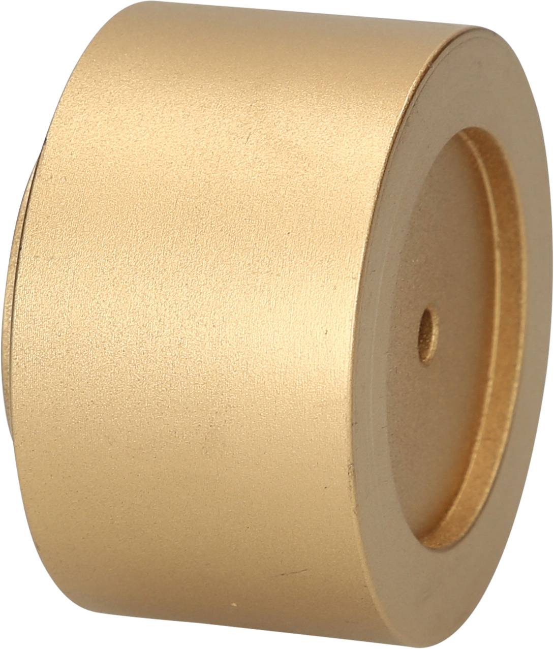 Goldene zylindrische Metallhülse mit kleinem Loch in der Mitte, möglicherweise ein mechanisches Bauteil oder eine Abdeckung.