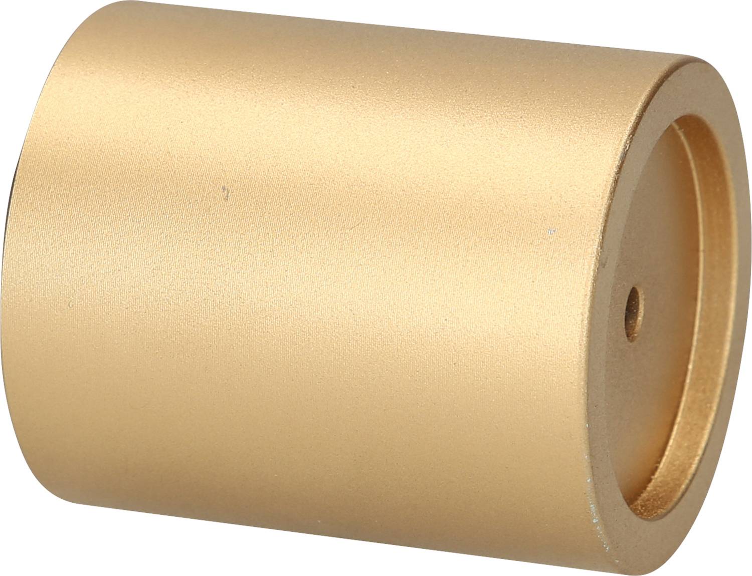Ein goldener Metallzylinder mit einer Vertiefung auf einer Seite, möglicherweise ein Bestandteil eines größeren Objekts oder Geräts.