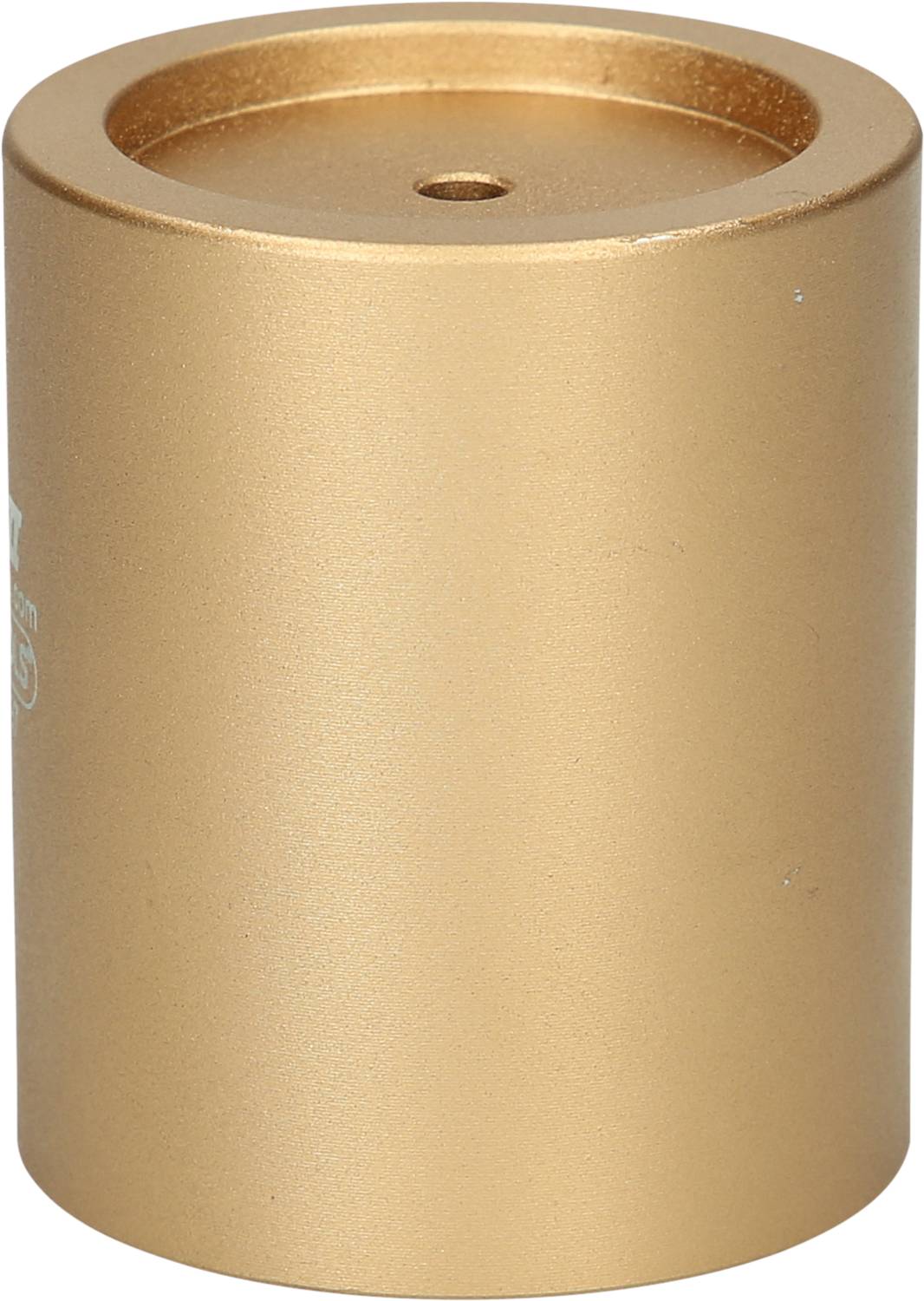 Goldener, zylindrischer Behälter ohne erkennbare Markierungen oder Details, stehend auf einer glatten Oberfläche.
