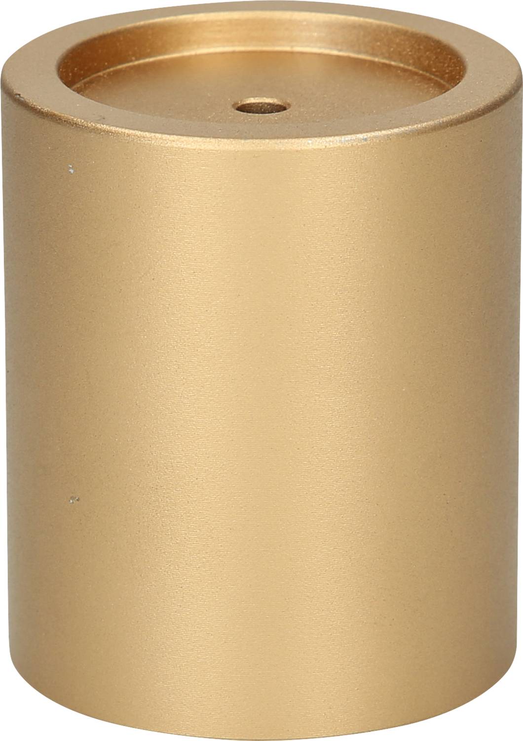 Metallzylinder in Gold, möglicherweise ein Flakonverschluss oder Dekorationselement, mit einer kleinen zentralen Öffnung oben.