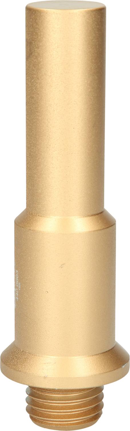 Goldenes Metallteil mit zylindrischer Form und Gewinde am unteren Ende.