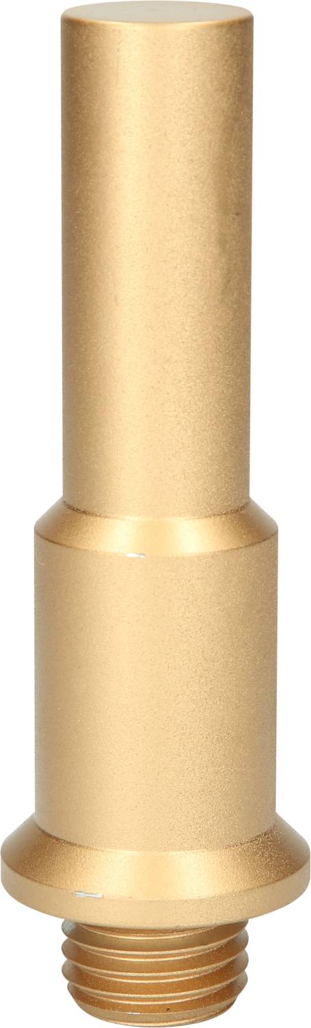 Ein goldener, zylindrischer Metalladapter mit einem Gewinde am unteren Ende vor einem weißen Hintergrund.
