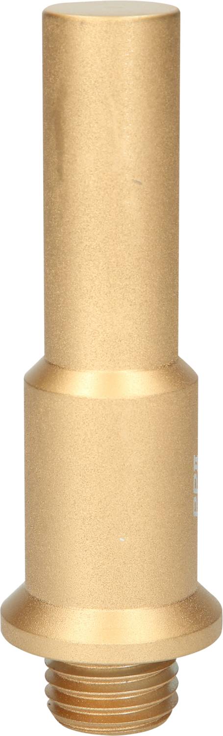 Goldenes Metallteil mit zylindrischer Form und Schraubgewinde unten. Es scheint ein technisches oder mechanisches Bauteil zu sein.