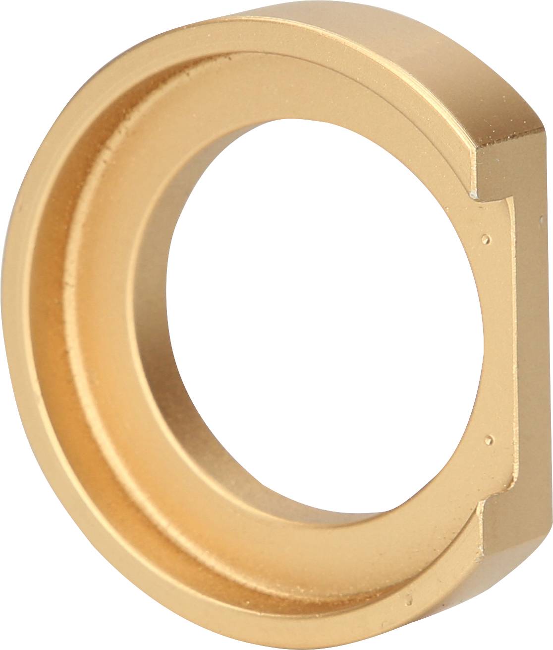 Ein goldener, kreisförmiger Metallring mit einem flachen Rand.