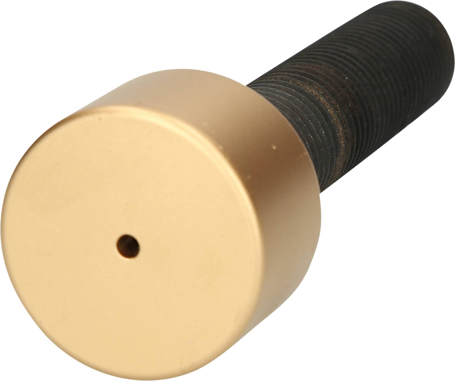 Bolzenschraube mit goldenem Kopf und schwarzem Gewinde, in horizontaler Ausrichtung, auf weißem Hintergrund.