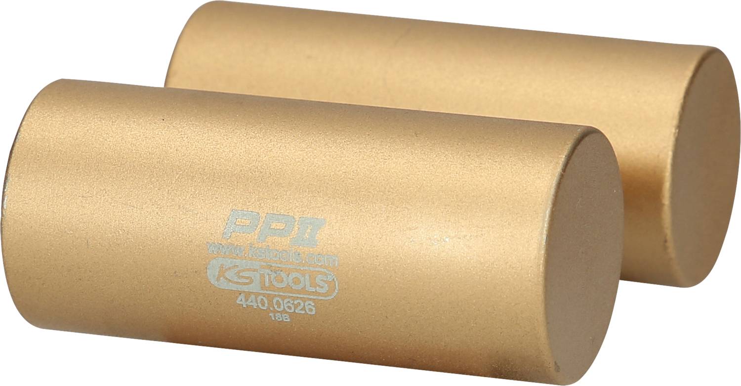 Zwei goldfarbene Zylinder mit der Aufschrift 'PPR KS Tools 440.0628', Werkzeugteile für spezifische Anwendungen.