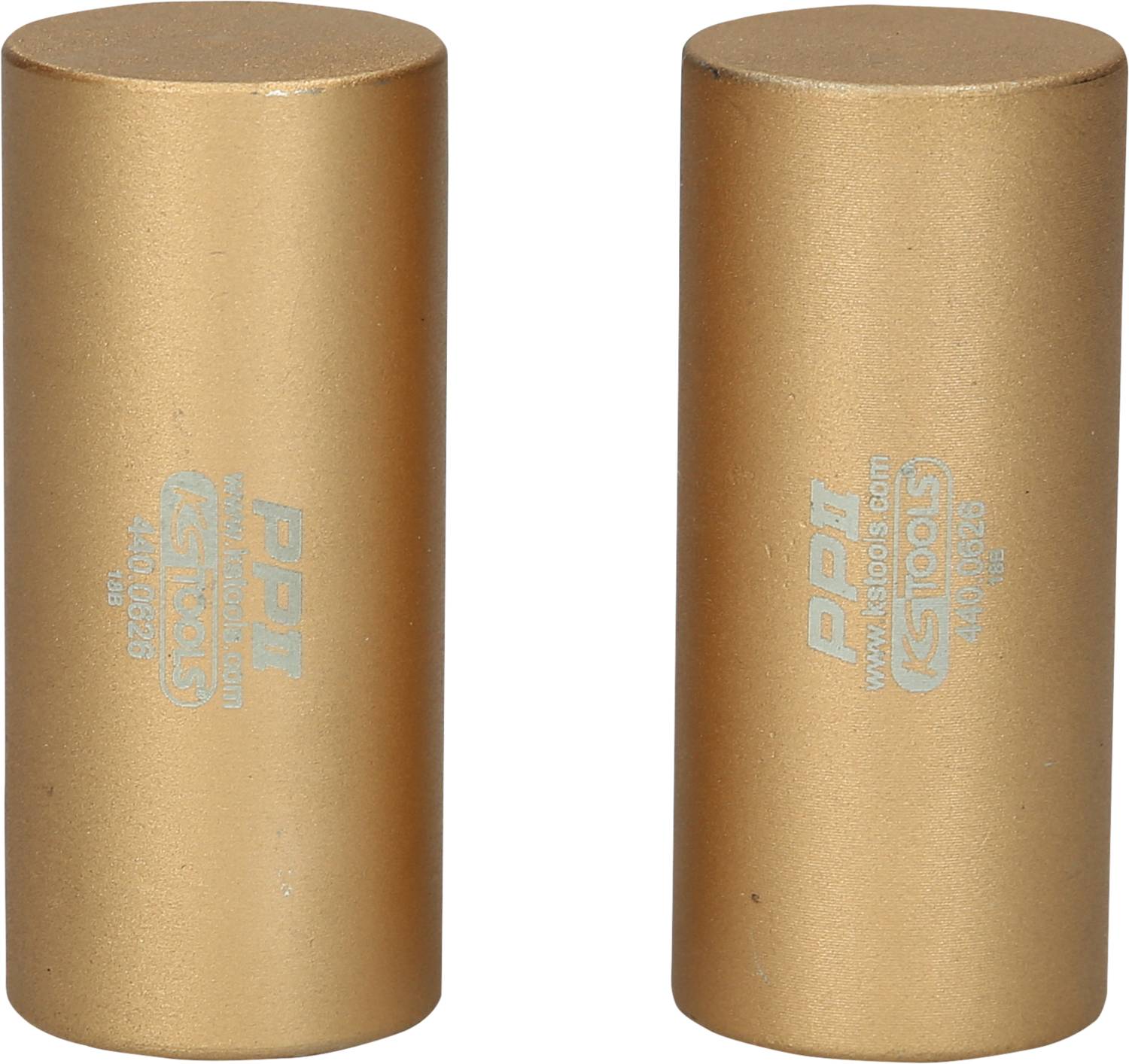 Zwei zylindrische, goldfarbene Gegenstände mit der Aufschrift 'PPH www.kstools.com' und 'KS TOOLS'.