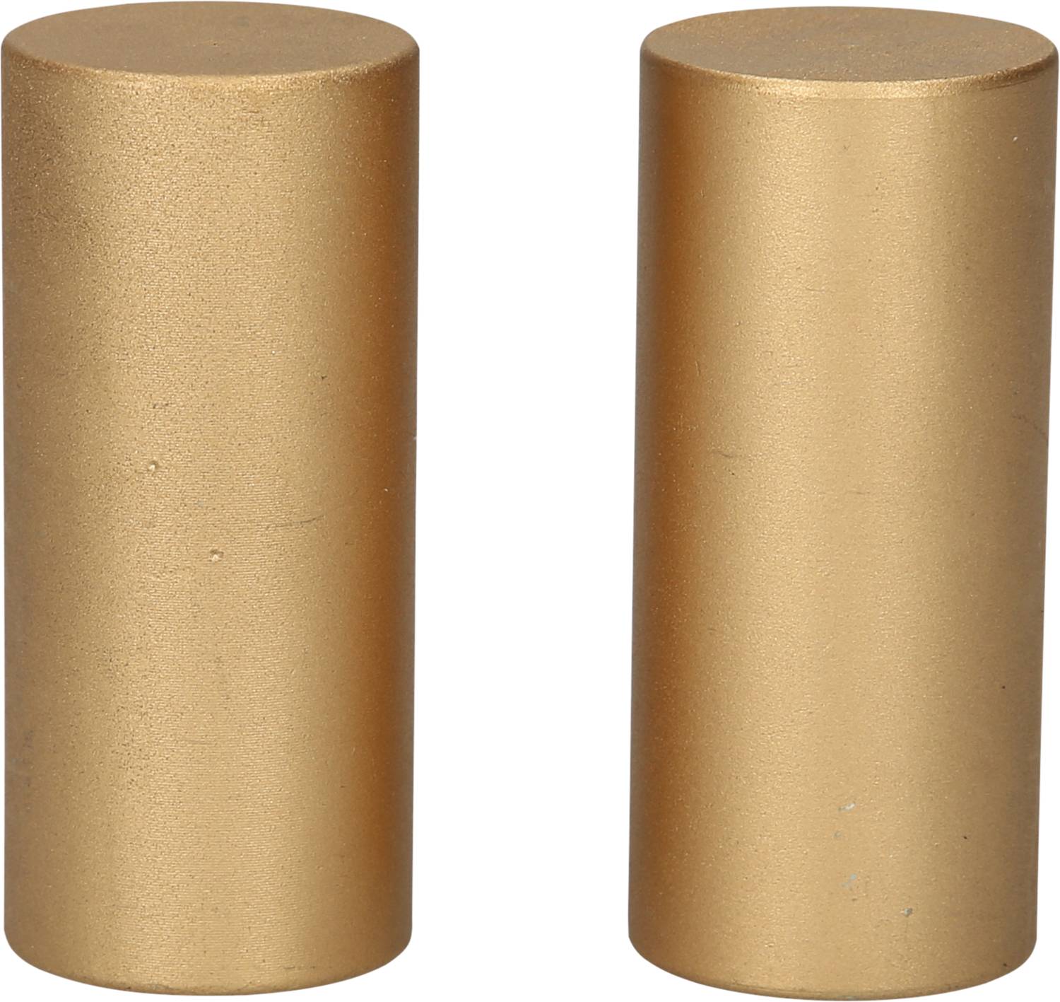Zwei goldene, zylindrische Objekte nebeneinander auf einem weißen Hintergrund.