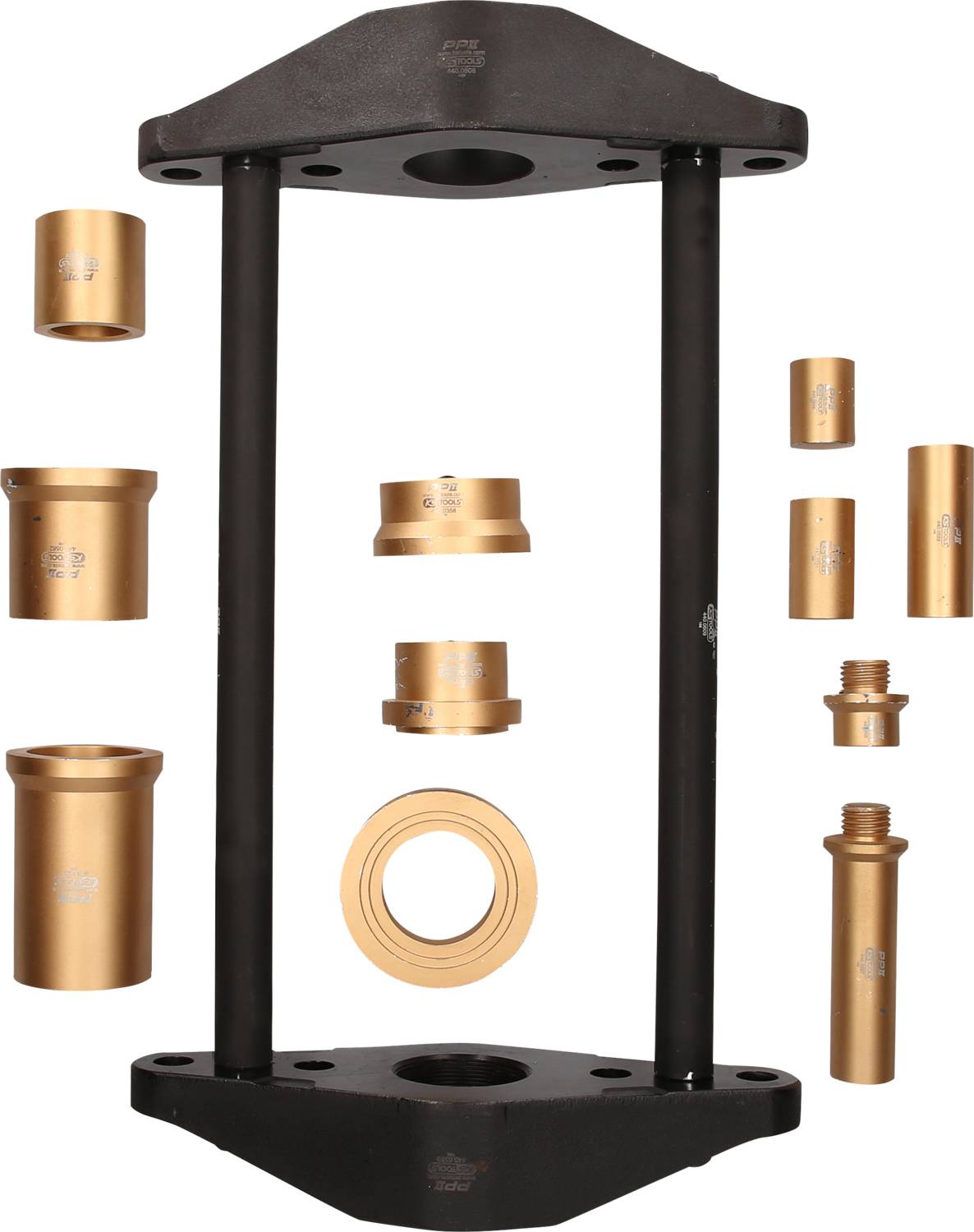 Montagesatz mit verschiedenen goldfarbenen Hülsen und schwarzen Halterungen zur Befestigung, symmetrisch angeordnet.