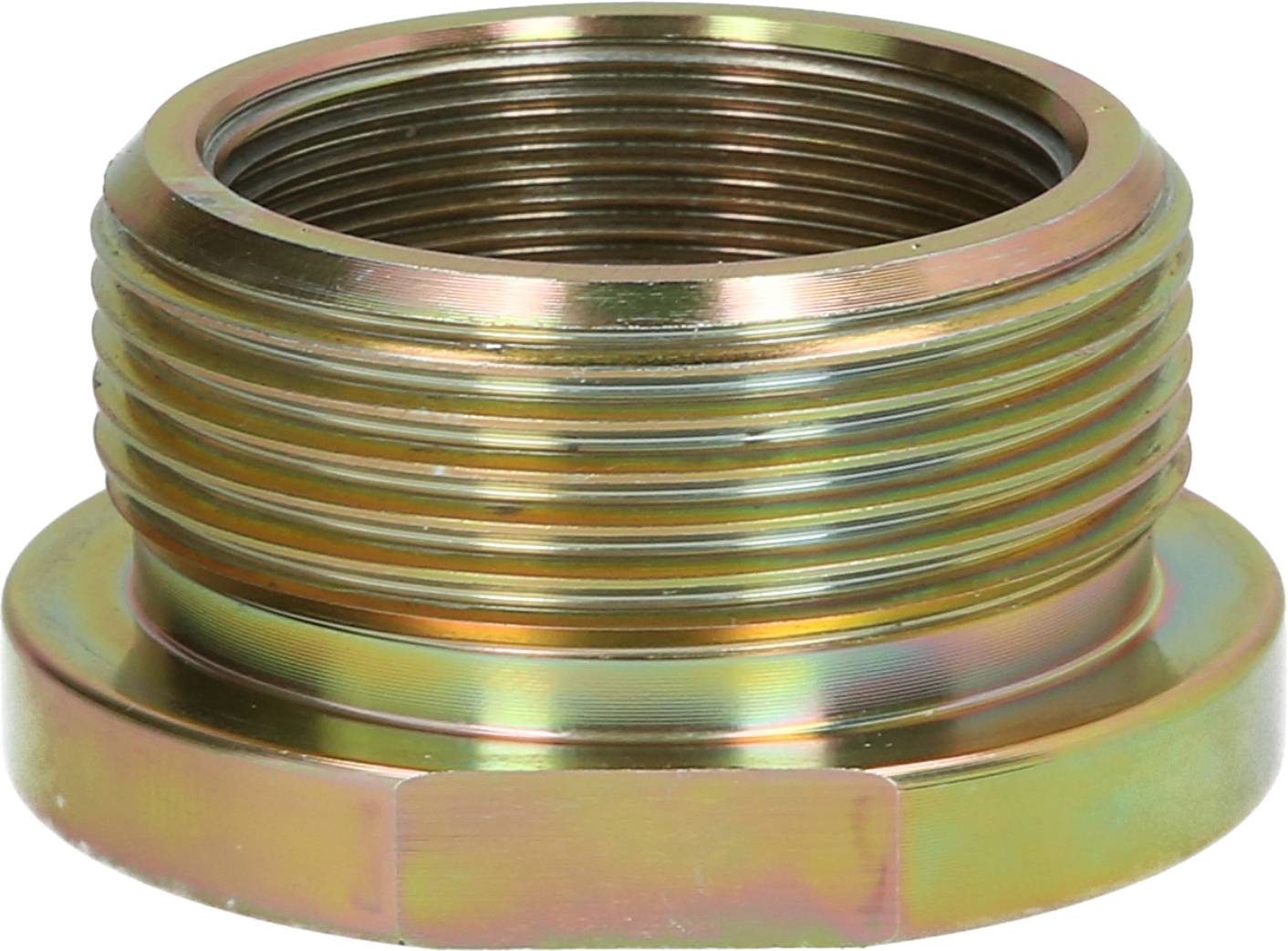 Metallischer Gewindestutzen mit kreisförmiger Basis, geeignet für Verbindungs- oder Montagesysteme.