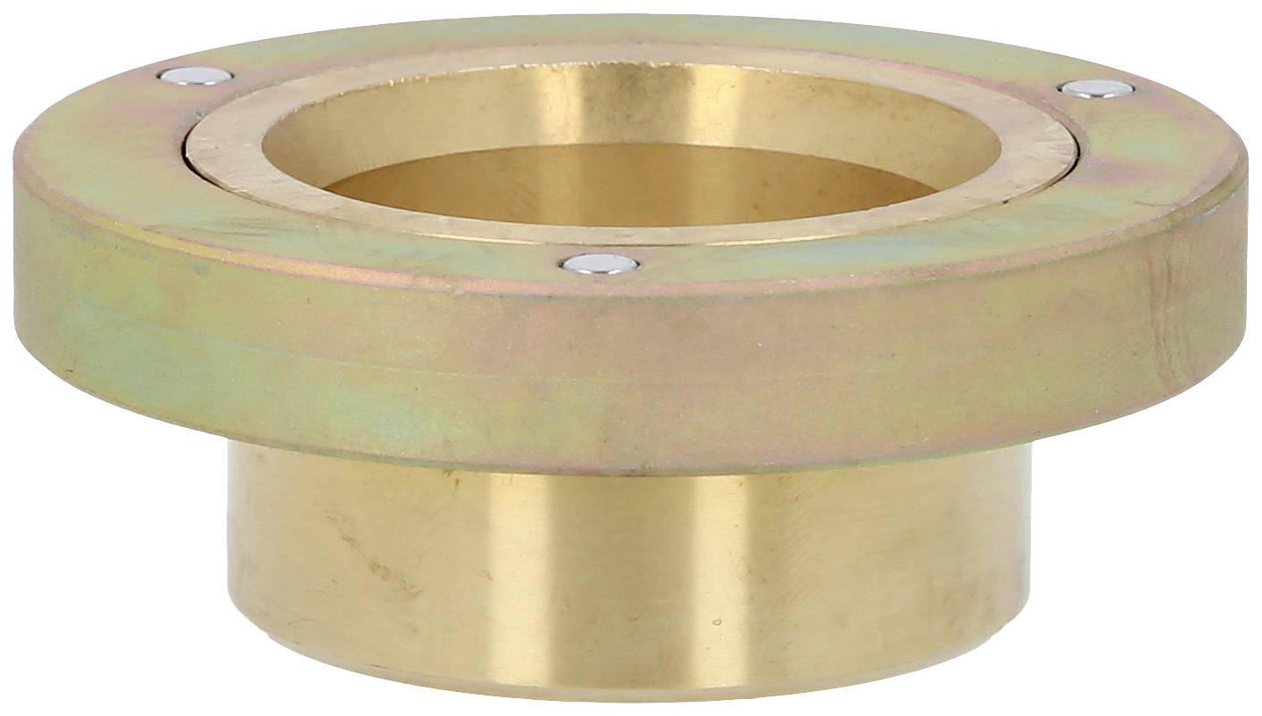 Ein rundes, metallisches Bauteil mit vier Schrauben an der oberen Fläche. Es scheint eine Art Flansch oder Adapter zu sein.