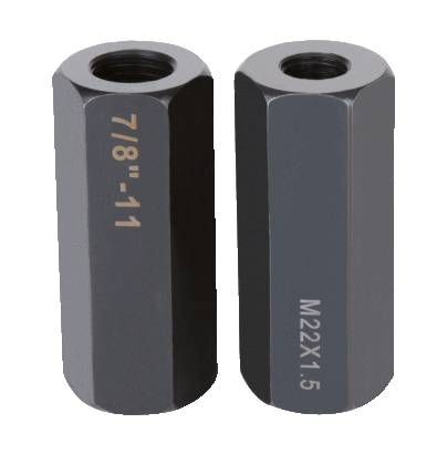 Zwei sechseckige Metallmuffen mit Gewinde. Links ist mit '7/8-11' und rechts mit 'M22x1.5' beschriftet.