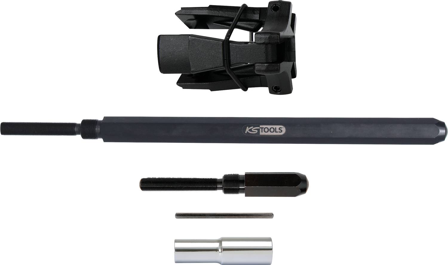 Ein Werkzeugsatz bestehend aus einem schwarzen Stab mit 'KS TOOLS'-Aufschrift, zwei Aufsätzen, einer Halterung und einem kleinen Stift.