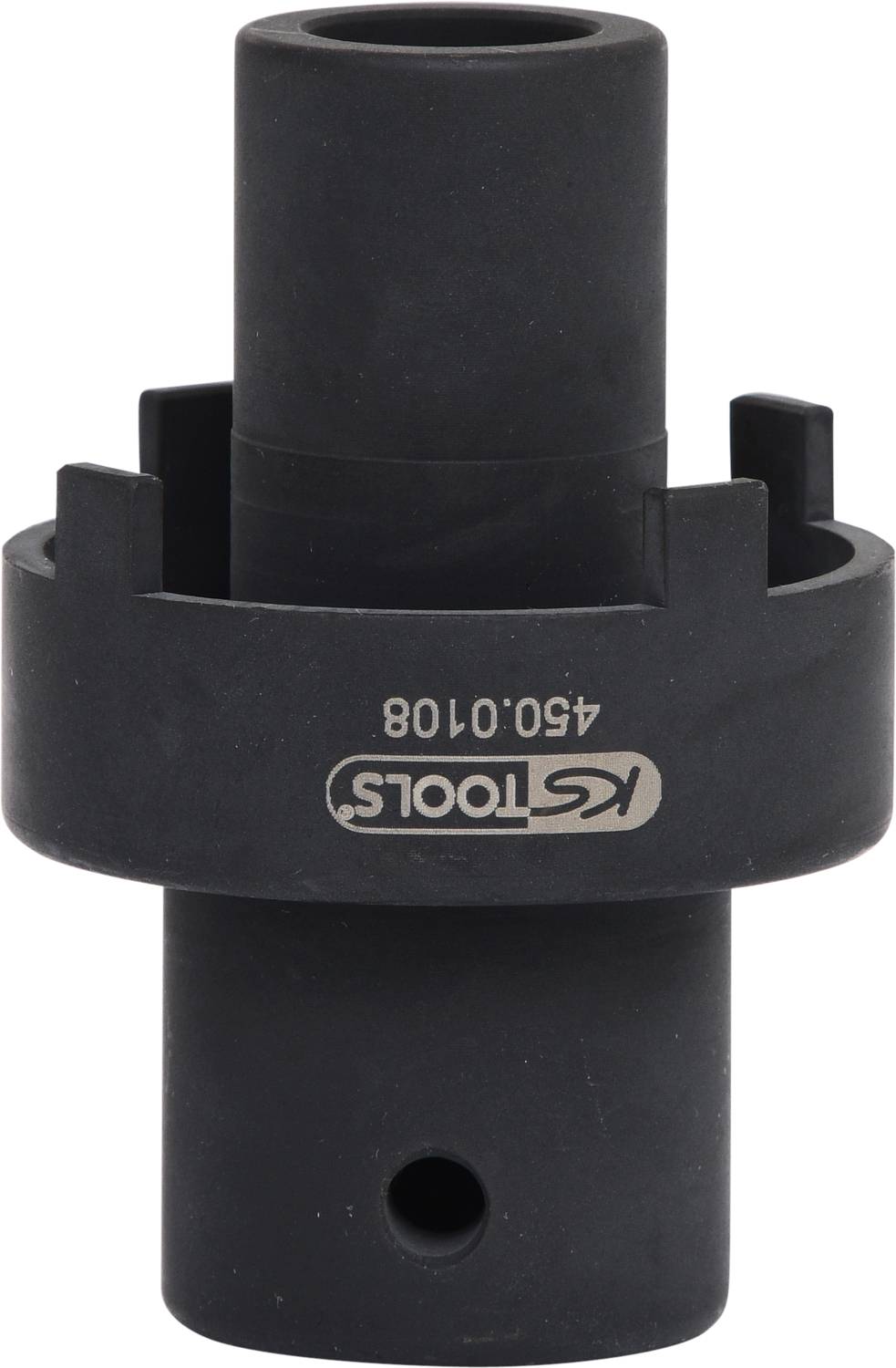 Schwarzes Metallwerkzeug mit zylindrischem Design, Beschriftung 'KS TOOLS' und Nummer '450.0108' darauf.