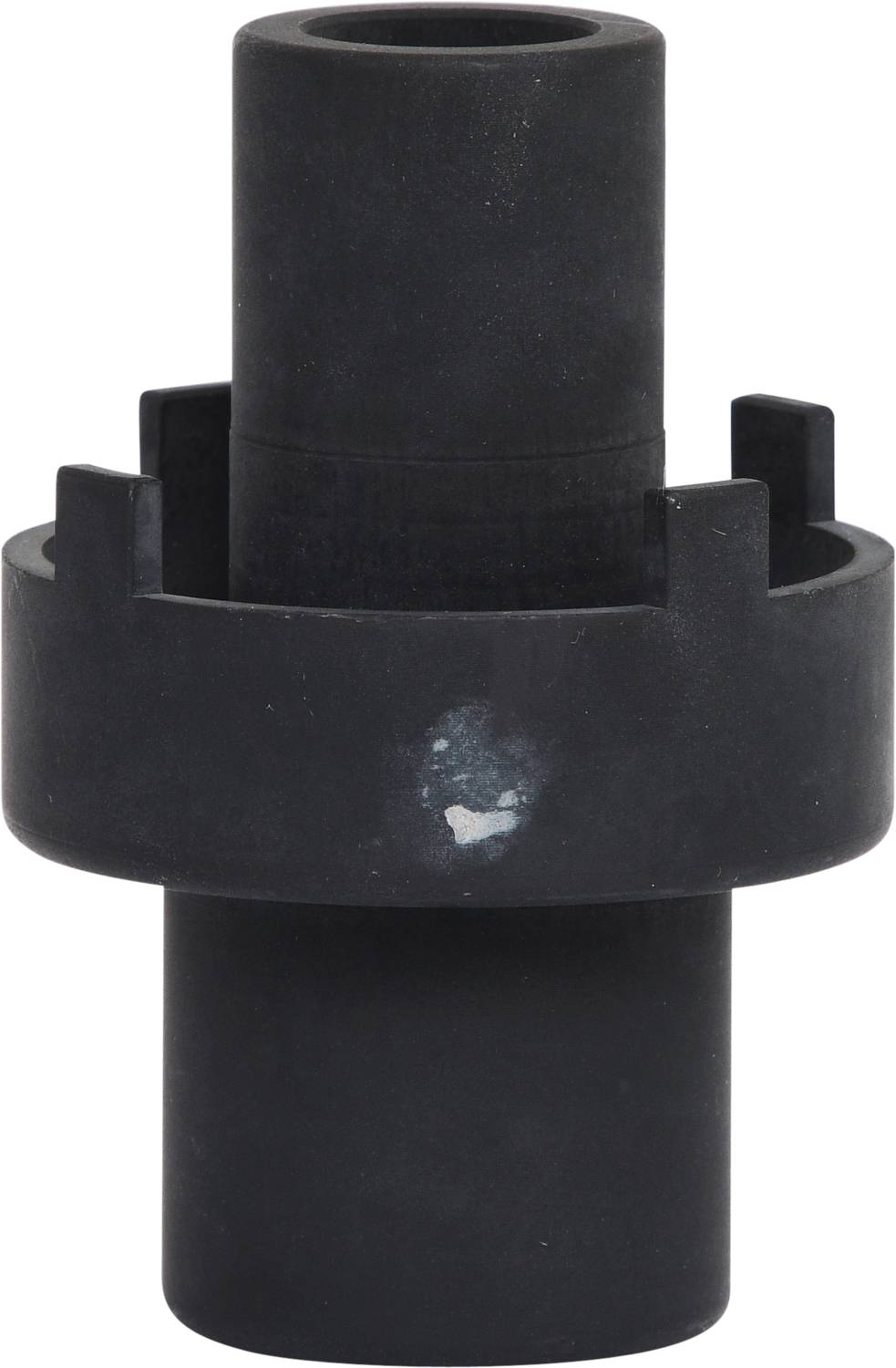 Ein schwarzes, zylindrisches Bauteil mit hervorstehenden Kanten. Sieht industriell aus, möglicherweise ein Teil einer Maschine.
