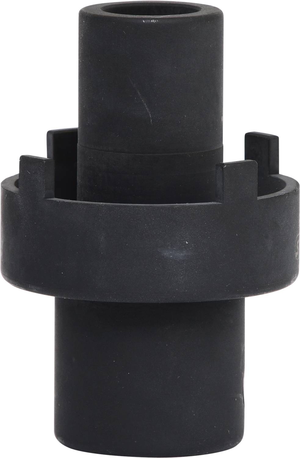 Ein schwarzes, zylindrisches Maschinenbauteil mit mehreren Einkerbungen an einem Ende, möglicherweise eine Kupplungskomponente.