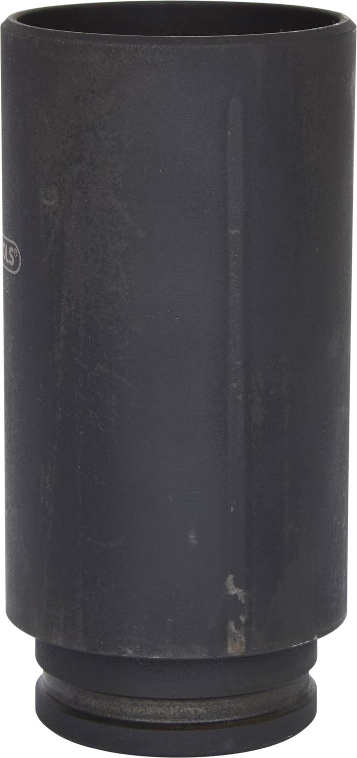 Ein schwarzes, zylindrisches Metallobjekt mit glatter Oberfläche und dezenten Gebrauchsspuren, vertikal aufgestellt.
