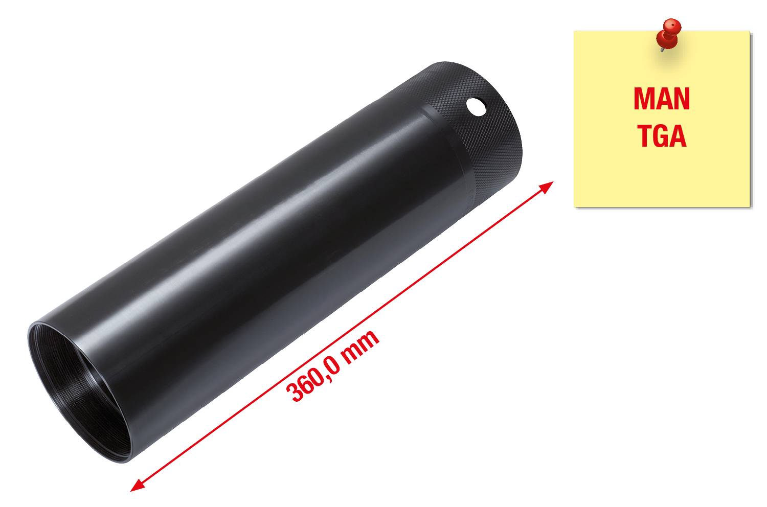 Zylinderförmiges schwarzes Metallrohr, 360 mm lang, mit kleinem Loch nahe einem Ende. Rechts oben gelber Zettel mit roter Beschriftung 'MAN TGA'.